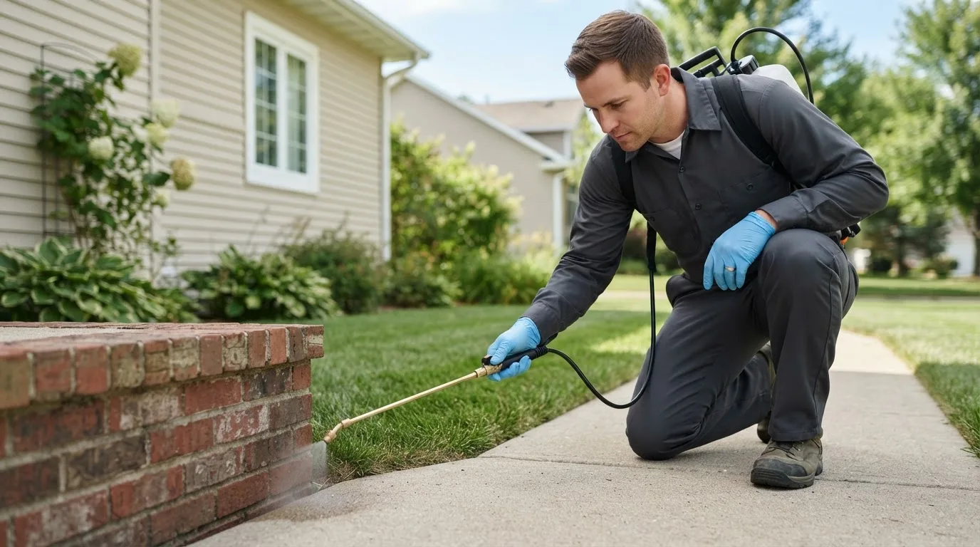 Pest control technician treating a home near Burlingame, KS